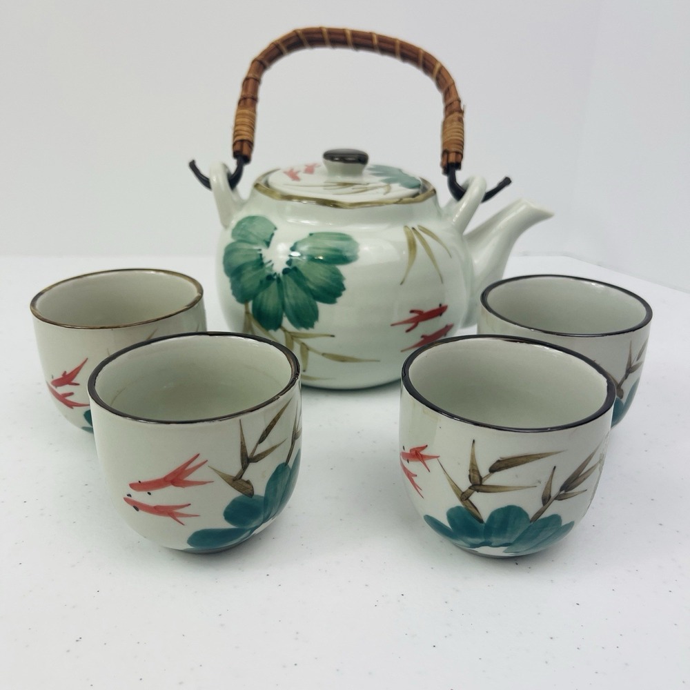 Vintage Nakagama Kiln Japanese Porcelain Tea Set Bamboo Handle 5 Piece